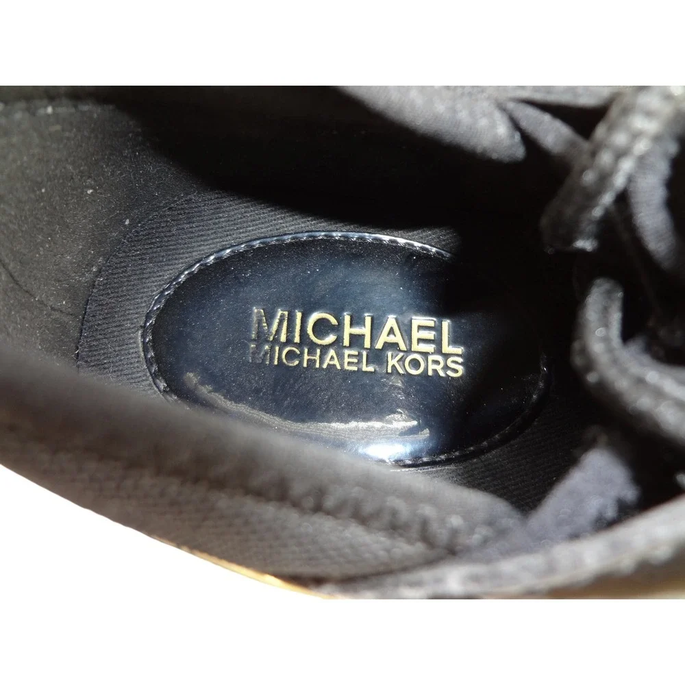 Michael Kors Women's 7M Liv Mixed Media Trainer Black Wedge Sneakers Gold Accent